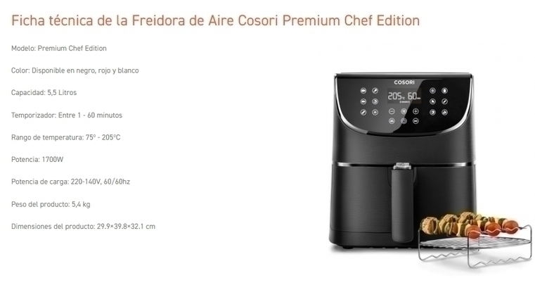 Freidora de Aire Cosori Premium Chef Edition Roja, 5,5 Litros, 1700W, Freidoras