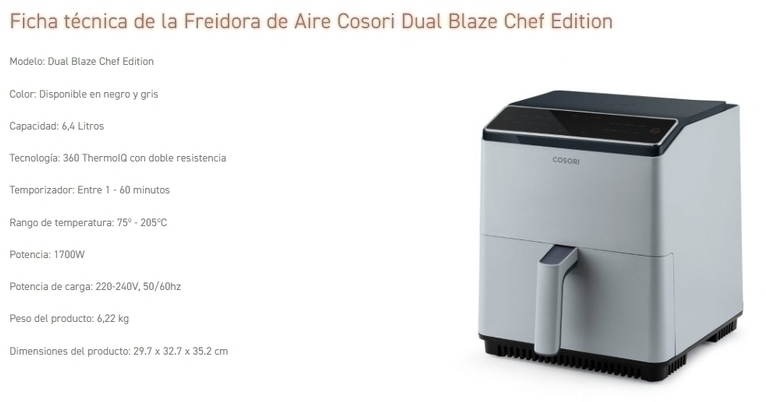 FREIDORA COSORI SIN aceite 64L Dual Blaze Chef Edition NEGRA 64L