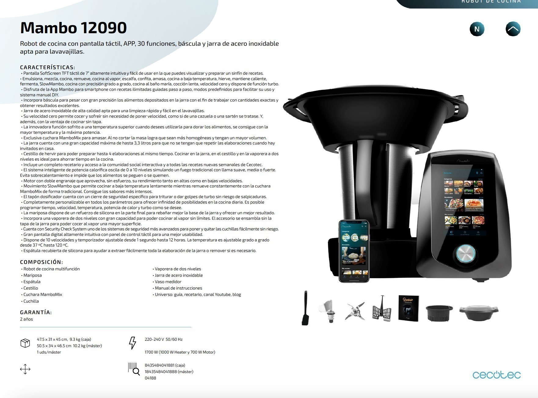 Robot de cocina - Cecotec Mambo 12090, 1700 W, 3.3 l, Multifunción, Acero